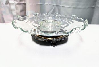 Vintage Round Footed Silver Plate And Detailed Glass Lazy Susan Serving Dish