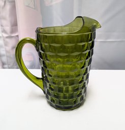 Vintage MCM 1970s Avacado Glass Green Diamond Pitcher