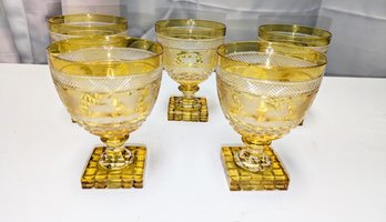 Set Of 5 Vintage MCM Frosted Yellow Cut Crystal Etched Water Glasses