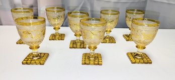 Set Of 8 Vintage MCM Frosted Yellow Cut Crystal Etched Cordial Glasses