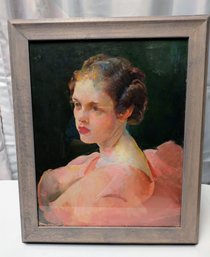 Large Framed Vintage Painted Female Portrait In A Ruffled Top - Unsigned