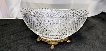 Vintage French Dore Bronze Paw Foot Diamond Cut Crystal Gilt Oval Centerpiece Bowl