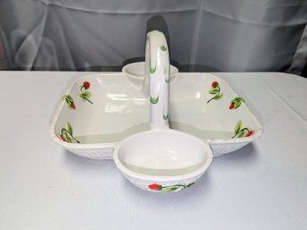 Vintage Italian Ceramic Serving Tray With Handle & 2 Dipping Bowl Sides