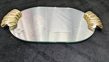 Gold Tone Plastic Handle & Mirrored Oval Vanity Tray