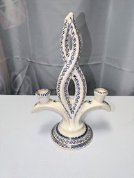 Vintage Ceramic Blue & White Pottery Double Candlestick Holder