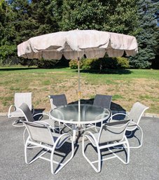 Round Outdoor Powder Coated Table With 7 Textilene Fabric Chairs & Textilene Fabric Umbrella With Stand