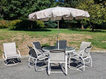 Round Outdoor Powder Coated Table With 7 Textilene Fabric Chairs & Textilene Fabric Umbrella With Stand