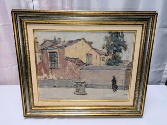 Vintage Unsigned Framed Painting - Lady In The Courtyard