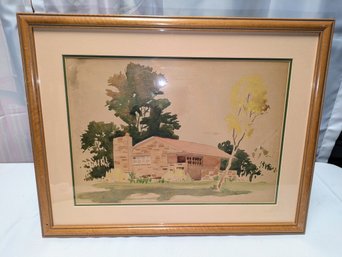 Framed Unsigned Watercolor Painting Of Modernist Home