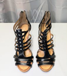 Ann Taylor Black Open Toe Strappy Heels With Zipper Back - 7.5M