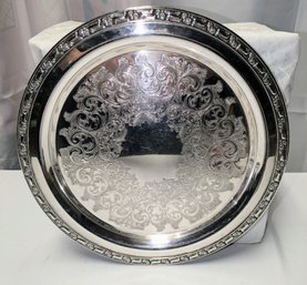 Vintage Oneida Silver Plate Ornate Trim & Engraved Pattern Round Serving Tray