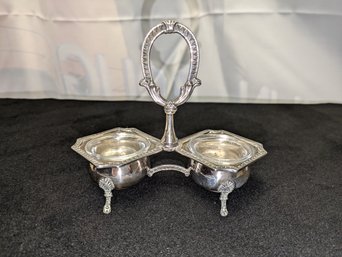 Vintage Silver Plate Dual Condiment Serving Tray With Glass Inserts