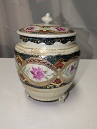 Antique Footed Nippon Style Hand Painted Porcelain Lidded Vessel