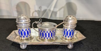 Vintage EPNS Sheffield De Montfort Silver Plate With Cobalt Blue Plastic Liner Condiment Set