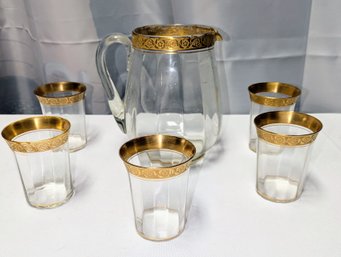 Vintage 20th Century Gold Rimmed Fluted Pitchers & 5 Matching Glasses Set