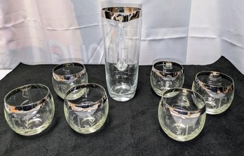 Set Of 6  Vintage MCM Silver Rim Glasses & Pitcher Set With Engraved Initial 'G'