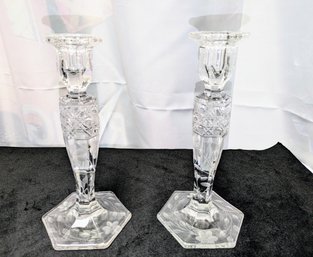 Pair Of Vintage Cut Crystal & Etched Floral Design Candle Stick Holders