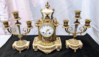 Set Of Antique 19th Century Unis, France, Solid Gilded Brass & Marble Mantle Clock With Matching Candelabras