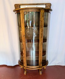 Antique Curved Lighted Oak Glass China/Curio Cabinet With Small Mirror & Shelf Space On Top