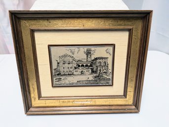 Vintage Italian Framed Metal Etched Bologna, Palazzo Re Enzo Picture