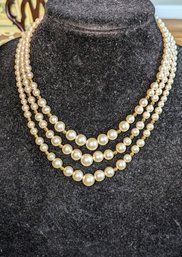 Vintage Napier 3 Strand Graduated Faux Pear And Gold Tone Beaded Necklace