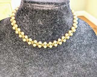 Vintage Monet Faux Pearl & Gold Beaded Necklace- (photos Make It Look Darker, The Pearls Are White)