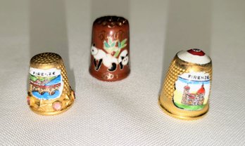 Set Of 3 Vintage Thimbles - 2 Brass & 1 Porcelain