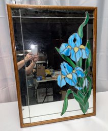 Vintage Leaded Stained Glass Iris Accent Wall Mirror