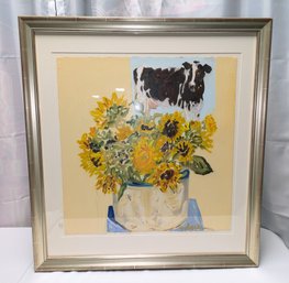 Large Signed & Framed Painting, Cow & Sunflowers