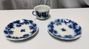 Set Of 2 Antique Lancaster Flow Blue 'New Wharf' Saucers & 1 Cup