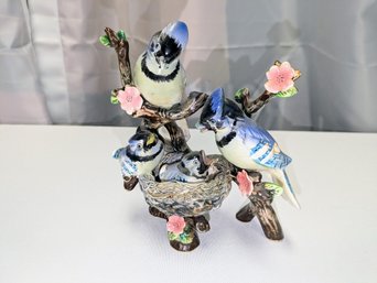 Vintage, Artist Signed, Family Of Blue Jay's In A Cherry Blossom Tree Figurine