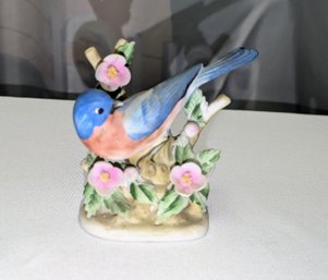 Vintage Lefton China Porcelain Blue Bird With Cherry Blossoms Figurine