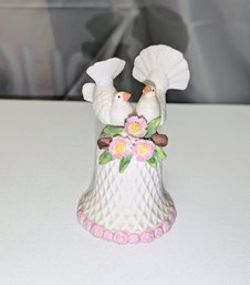 Vintage Lefton Porcelain Bell, White Porcelain Wedding Bell With Doves And Pink Bottom Border