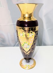 Vintage  SEYEI Victorian Ruby Red Glass Czech Hand Painted Gold Gilt Vase