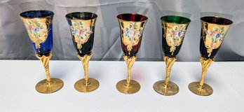 Set Of 5 Vintage Murano, Multi Colored Trefuochi Glasses