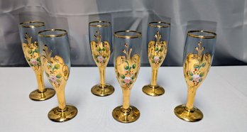 Set Of 6 Vintage Murano, Light Blue & Gold Gilt Glasses