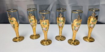 Set Of 6 Vintage Murano, Light Blue & Gold Gilt Cordial Glasses