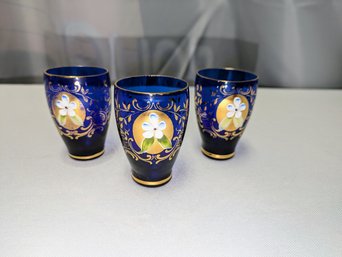 Set Of 3 Vintage Cobalt Blue & Gold Gilt Bohemian Crystal Cordial/Shot Glasses