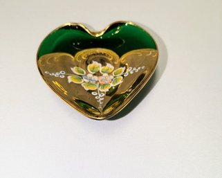 Vintage Green Murano Heart Shaped Green & Gold Gilt Ashtray/Trinket Dish