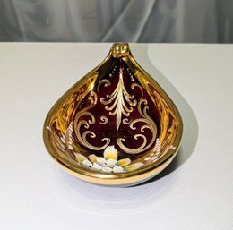 Vintage Murano Ruby Red & Gold Pear Shaped Gilt Accents Ashtray/Trinket Tray