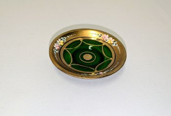 Vintage Bohemian Czech Green Glass & Gold Gilt Round Trinket Dish