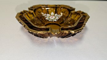 Vintage Bohemian Amber Cut Crystal With Gold Gilt Trinket /Ash Tray