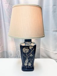 Vintage Ceramic Navy Blue Raised Floral Design Lamp With Shade