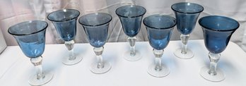 Set Of 7 Iris Blue Hand Blown Bubble Glass Goblets