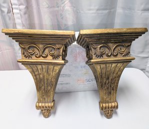 Vintage Pair Of Gold Cast Detailed Hanging Wall Sconces