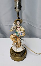 Antique 1930s-40's Chinese Famille Rose (Male) Statue On Brass Base Lamp - (No Shade Or Bulb)