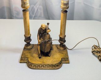 Vintage Double Brass Light Table/Piano Lamp, Figural Man Playing Double Bass String Instrument On Stage