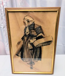 Signed Framed Drawing By L. Pascual Lady With Basket