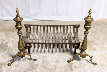 Vintage Brass Fire Place Andirons And Fireplace Grate Set