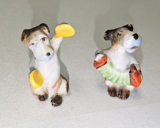 Vintage 1940s Pair Of  Ceramic Scottish Terrier Dog Band Miniatures Playing  Accordion & Cymbals